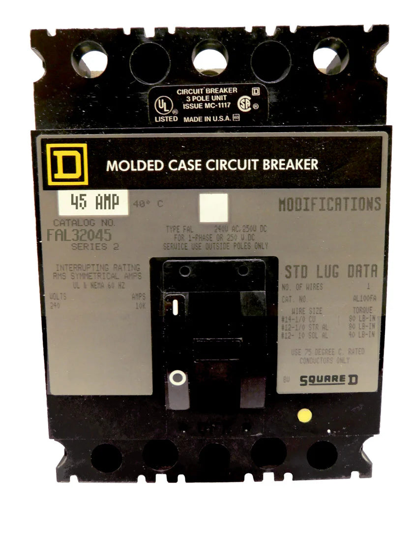 Square D FAL32045 45A 3 Pole Molded Case Circuit Breaker – Bolt-On Mount – 240VAC