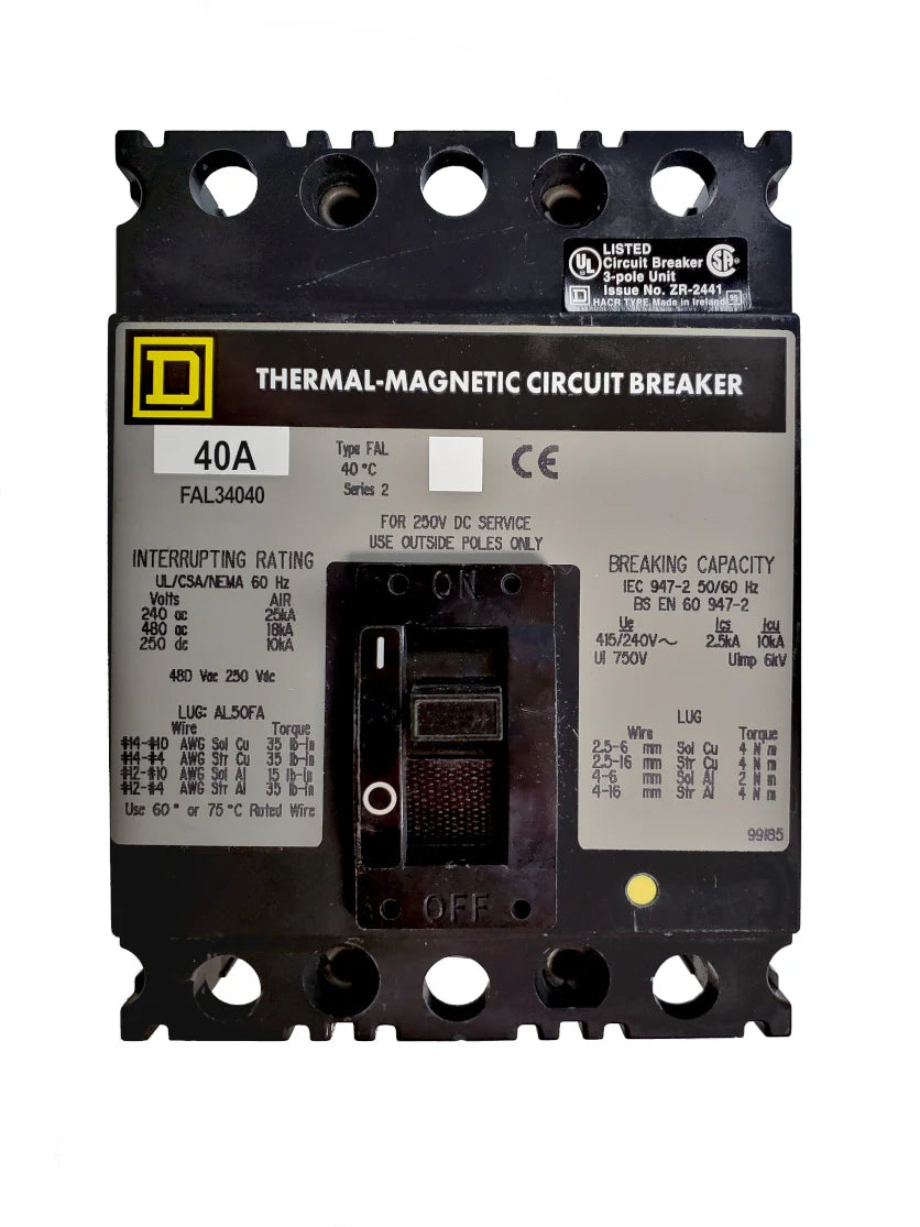 Square D FAL34040 40A 3 Pole Molded Case Circuit Breaker – Plug-In Mount – 480VAC