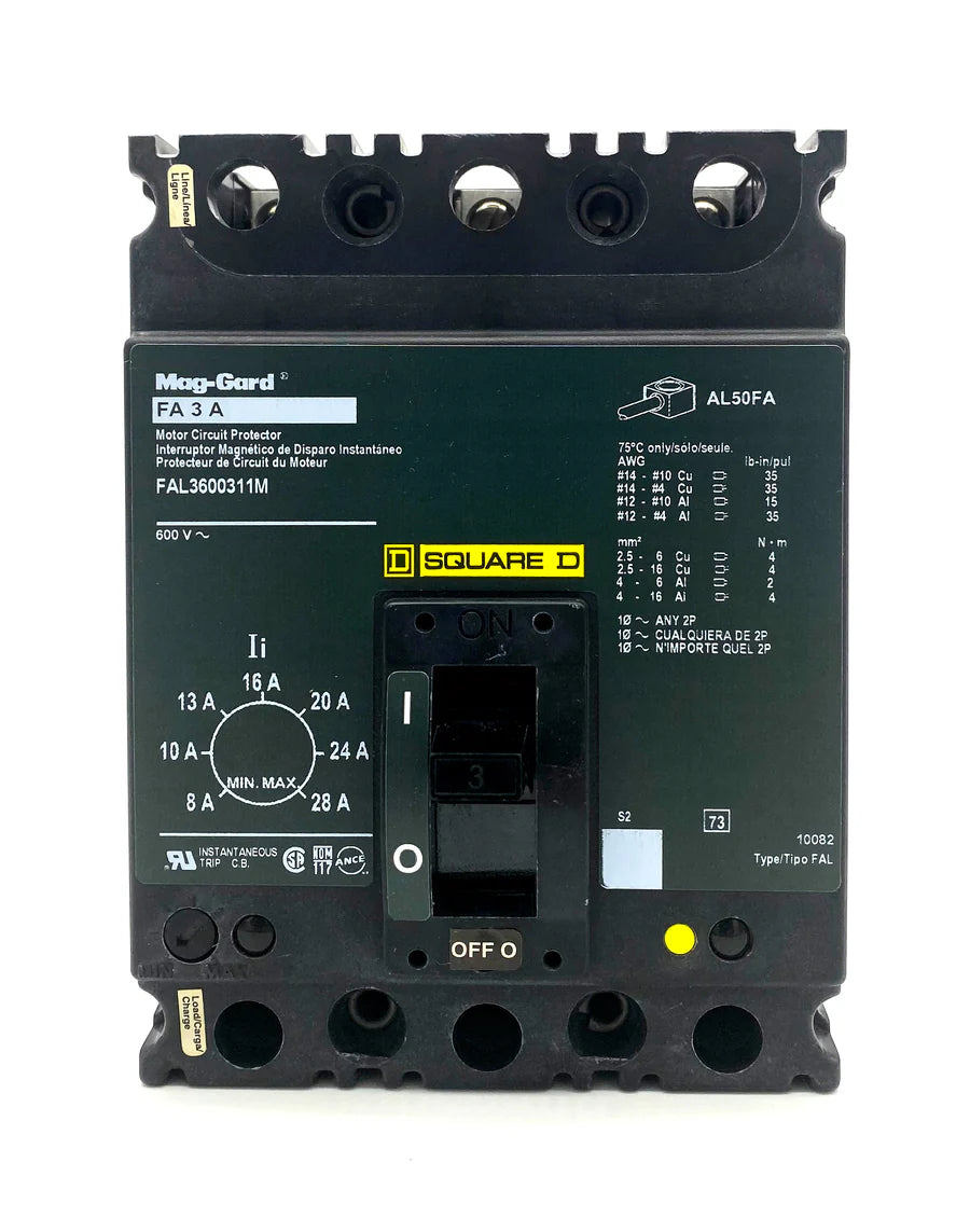 Square D FAL3600311M 3A 3 Pole Magnetic Only Circuit Breaker – Bolt On – 600V