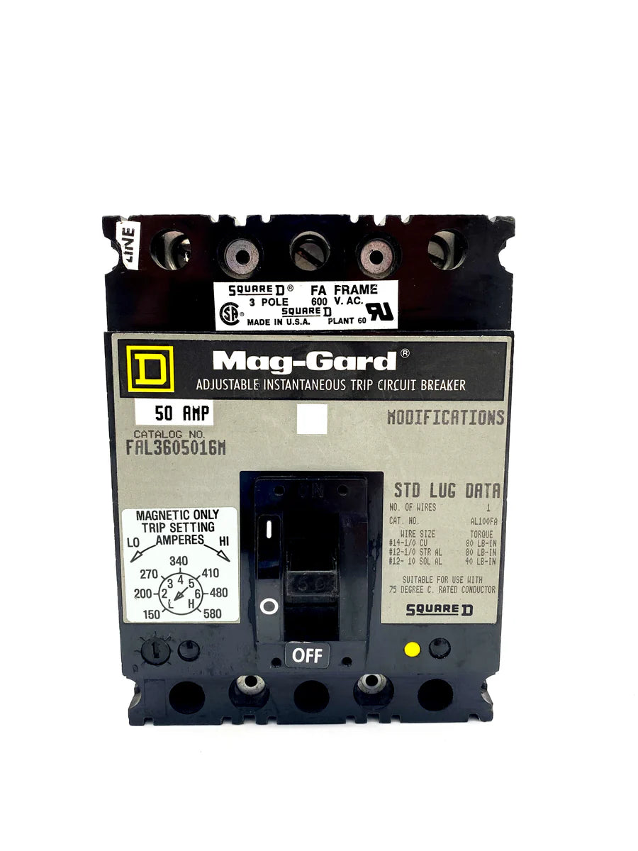 Square D FAL3605016M 50A 3 Pole Magnetic Only Circuit Breaker – Bolt On – 600V