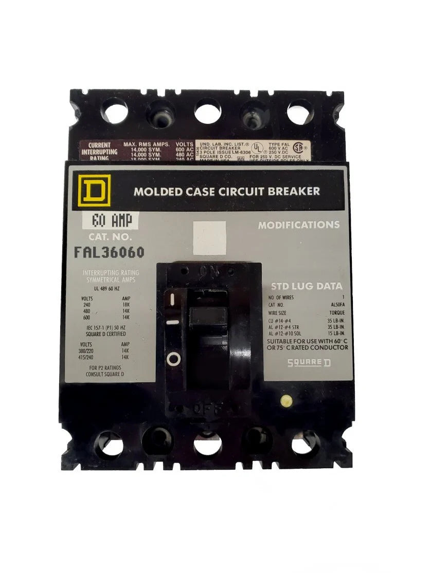 Square D FAL36060 60A 3 Pole Molded Case Circuit Breaker – Bolt-On Mount – 600VAC
