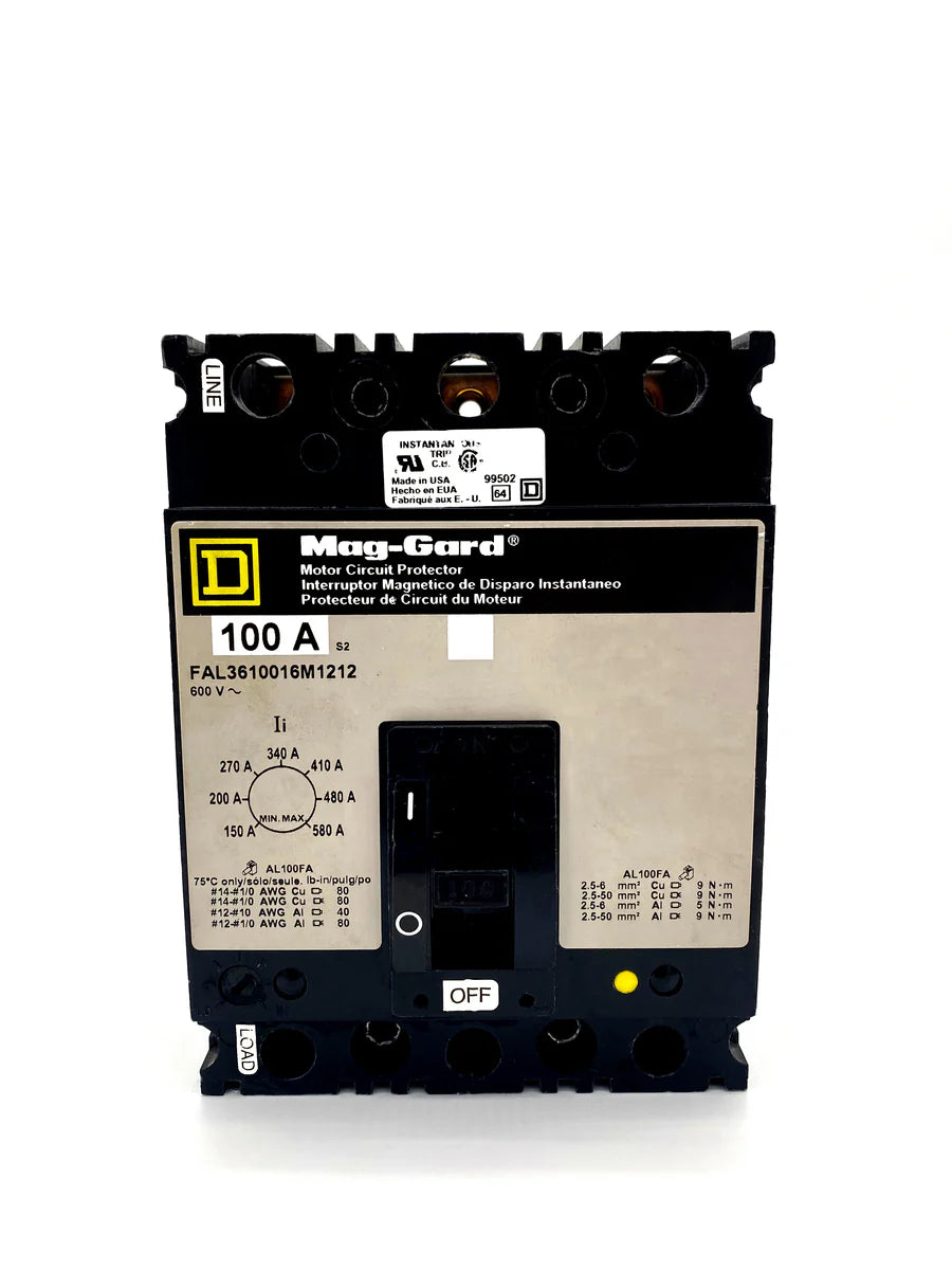 Square D FAL3610016M1212 100A 3 Pole Magnetic Only Circuit Breaker – Bolt On – 600V