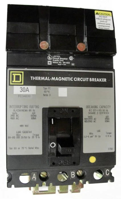 Square D FC34030 30A 3 Pole Molded Case Circuit Breaker – I-Line Mount – 480VAC