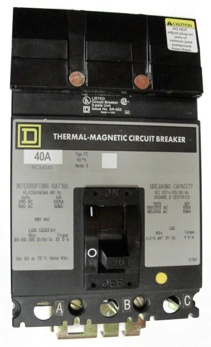 Square D FC34040 40A 3 Pole Molded Case Circuit Breaker – I-Line Mount – 480VA