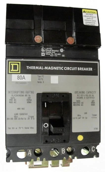 Square D FC34080 80A 3 Pole Molded Case Circuit Breaker – I-Line Mount – 480VAC