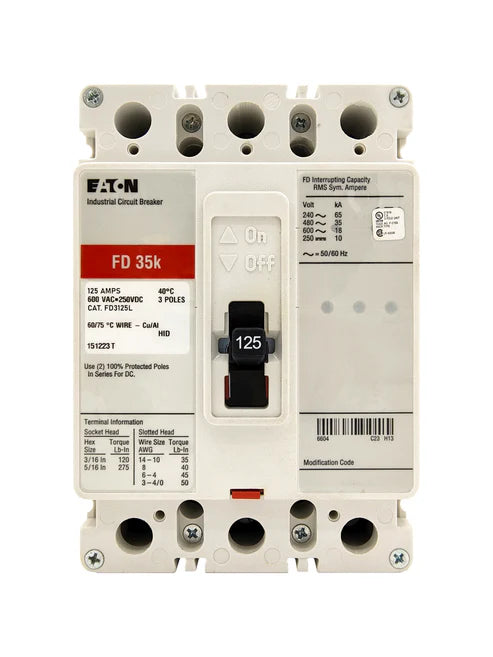 Eaton FD3125L 125A 3P Molded Case Circuit Breaker – Bolt On – 600VAC