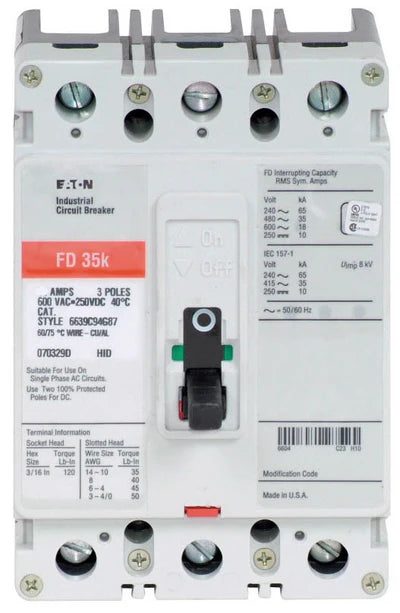 Eaton FD3200 200A 3-Pole 600V AC Molded Case Circuit Breaker – 65kA@240V / 35kA@480V Interrupting