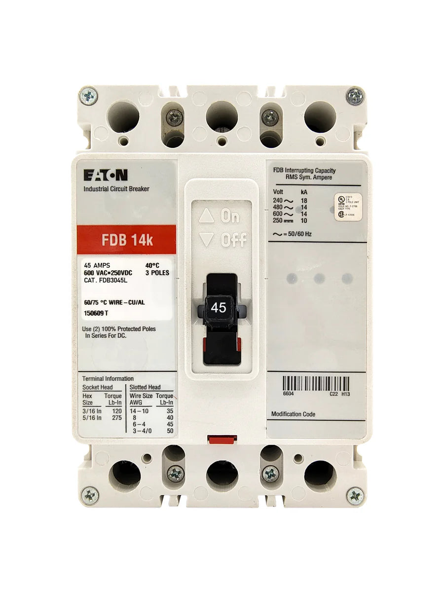 Eaton FDB3045L 45A 3P Molded Case Circuit Breaker – Bolt On – 600VAC