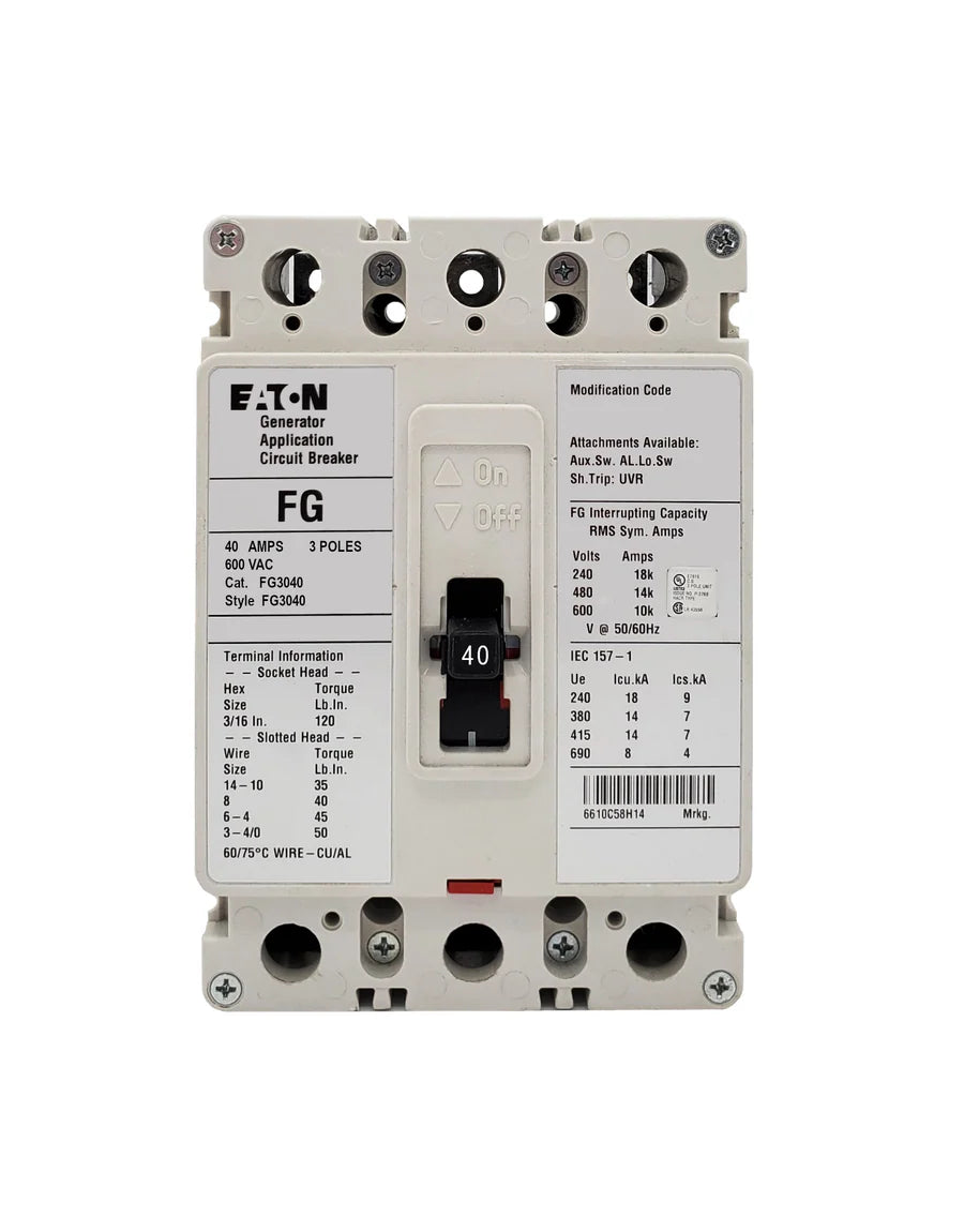 Eaton FG3040 40A 3 Pole Molded Case Circuit Breaker – Bolt-On – 600VAC