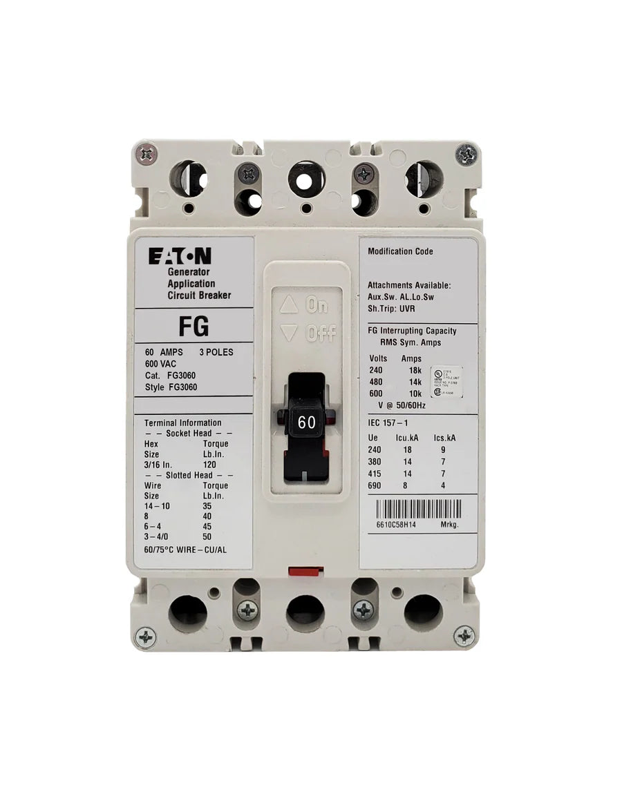 Eaton FG3060 60A 3 Pole Molded Case Circuit Breaker – Bolt-On – 600VAC