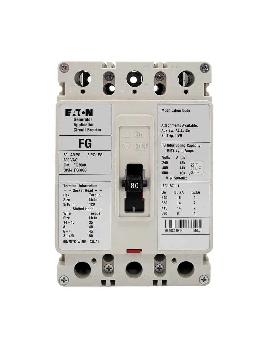 Eaton FG3080 80A 3 Pole Molded Case Circuit Breaker – Bolt-On – 600VAC