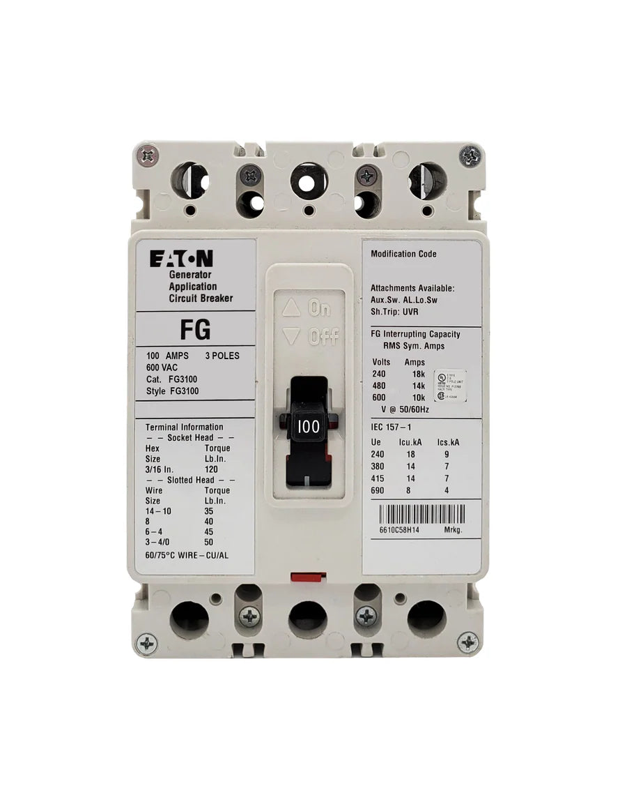 Eaton FG3100 100A 3P Molded Case Circuit Breaker – Bolt-On – 600VAC