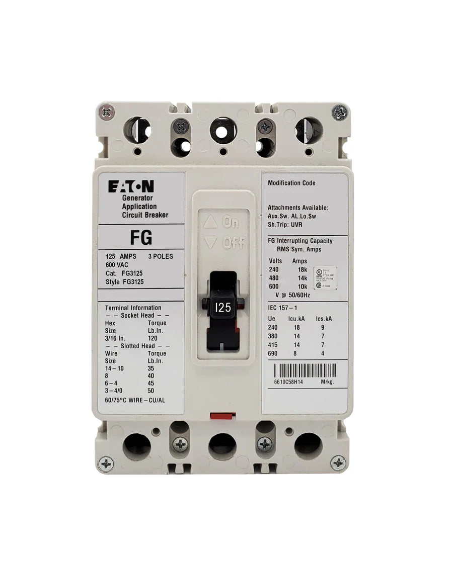Eaton FG3125 125A 3P Molded Case Circuit Breaker – Bolt-On – 600VAC