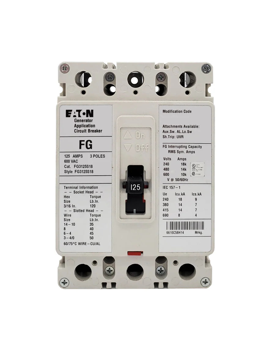 Eaton FG3125S18 125A 3P Molded Case Circuit Breaker – Bolt-On – 600VAC