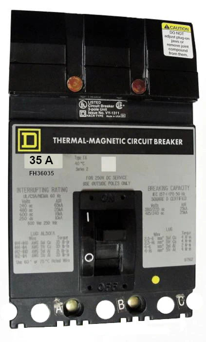 Square D FH36035 35A 3 Pole Molded Case Circuit Breaker – I-Line Mount – 600VAC