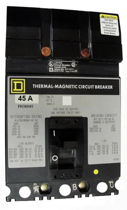 Square D FH36045 45A 3 Pole Molded Case Circuit Breaker – I-Line Mount – 600VAC