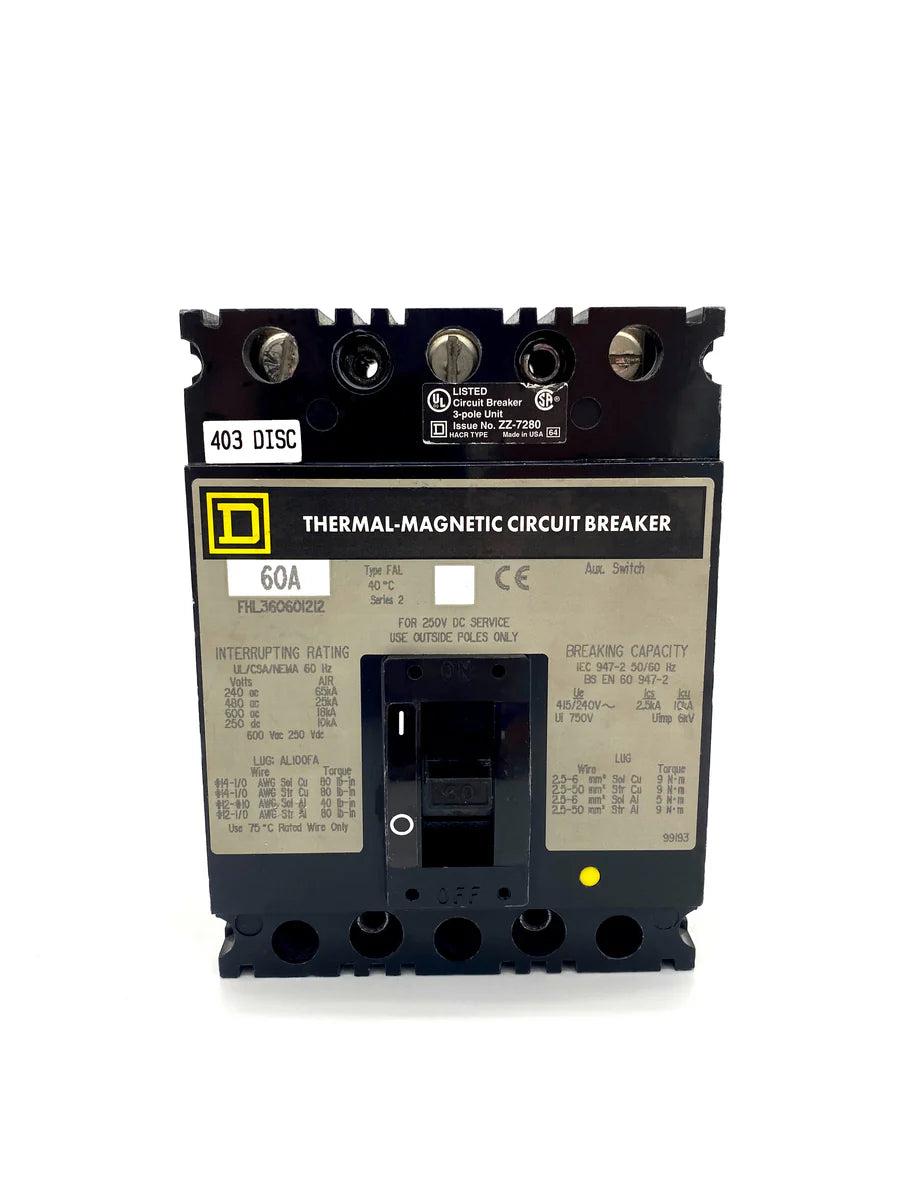 Eaton Cutler Hammer FHL360601212 60A 3 Pole Molded Case Circuit Breaker with Auxiliary Switch – Bolt-On Mount – 600VAC