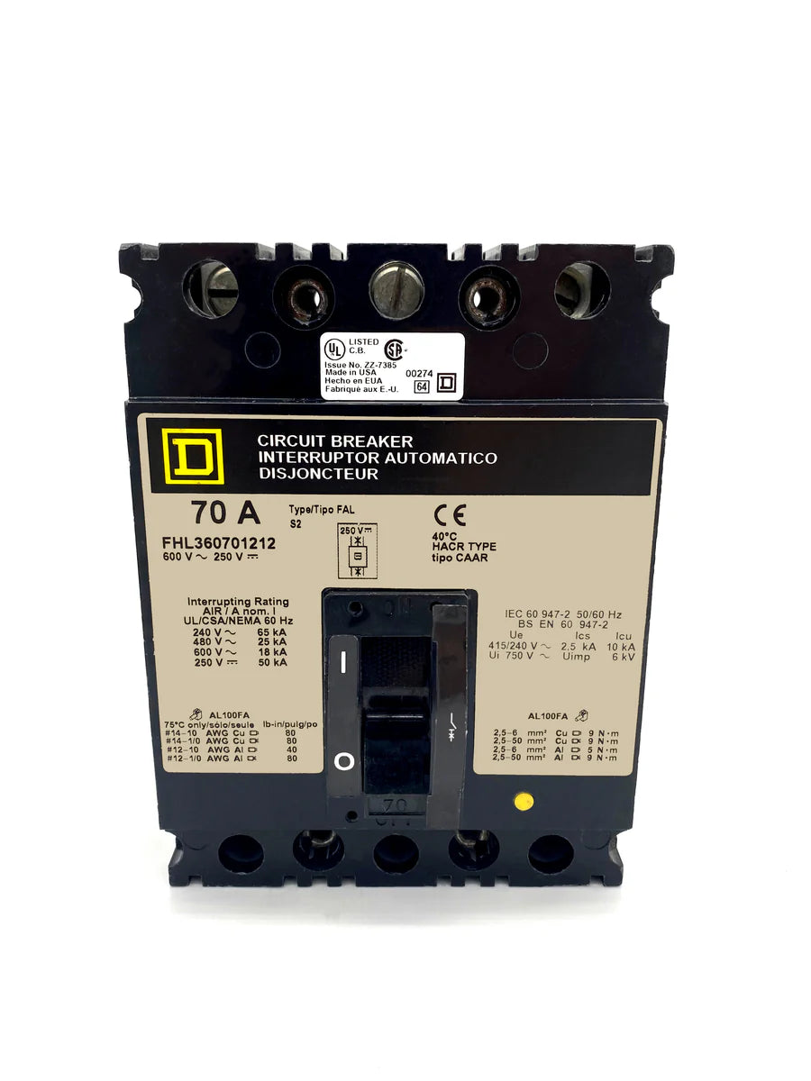 Square D FHL360701212 70A 3 Pole Molded Case Circuit Breaker with Auxiliary Switch – Bolt-On Mount – 600VAC