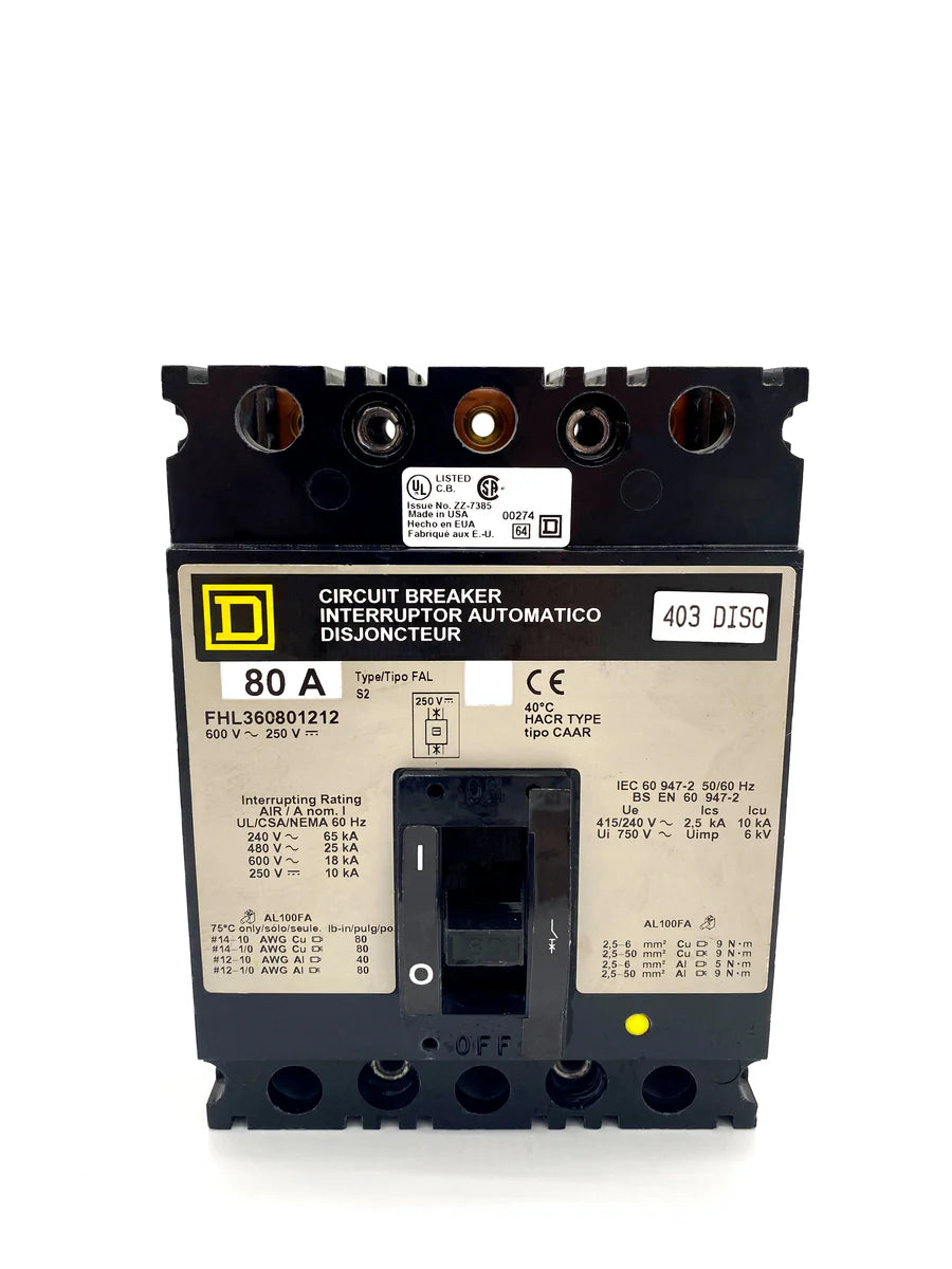Square D FHL360801212 80A 3 Pole Molded Case Circuit Breaker with Auxiliary Switch – Bolt-On Mount – 600VAC