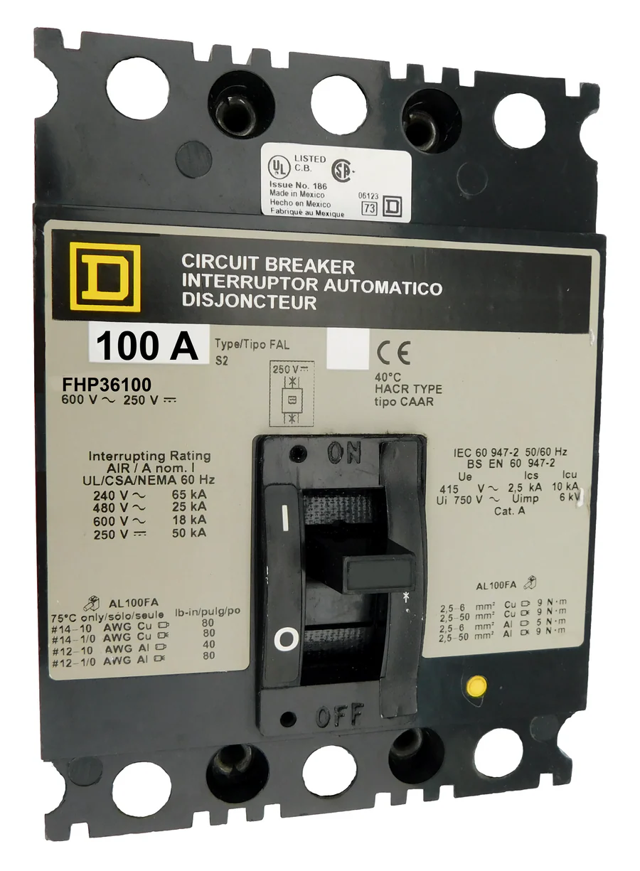 Square D FHP36100 100A 3 Pole Molded Case Circuit Breaker – Panel Mounted – 600VAC