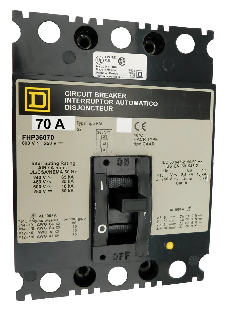 Square D FHP36070 70A 3 Pole Molded Case Circuit Breaker – Panel Mounted – 600VAC