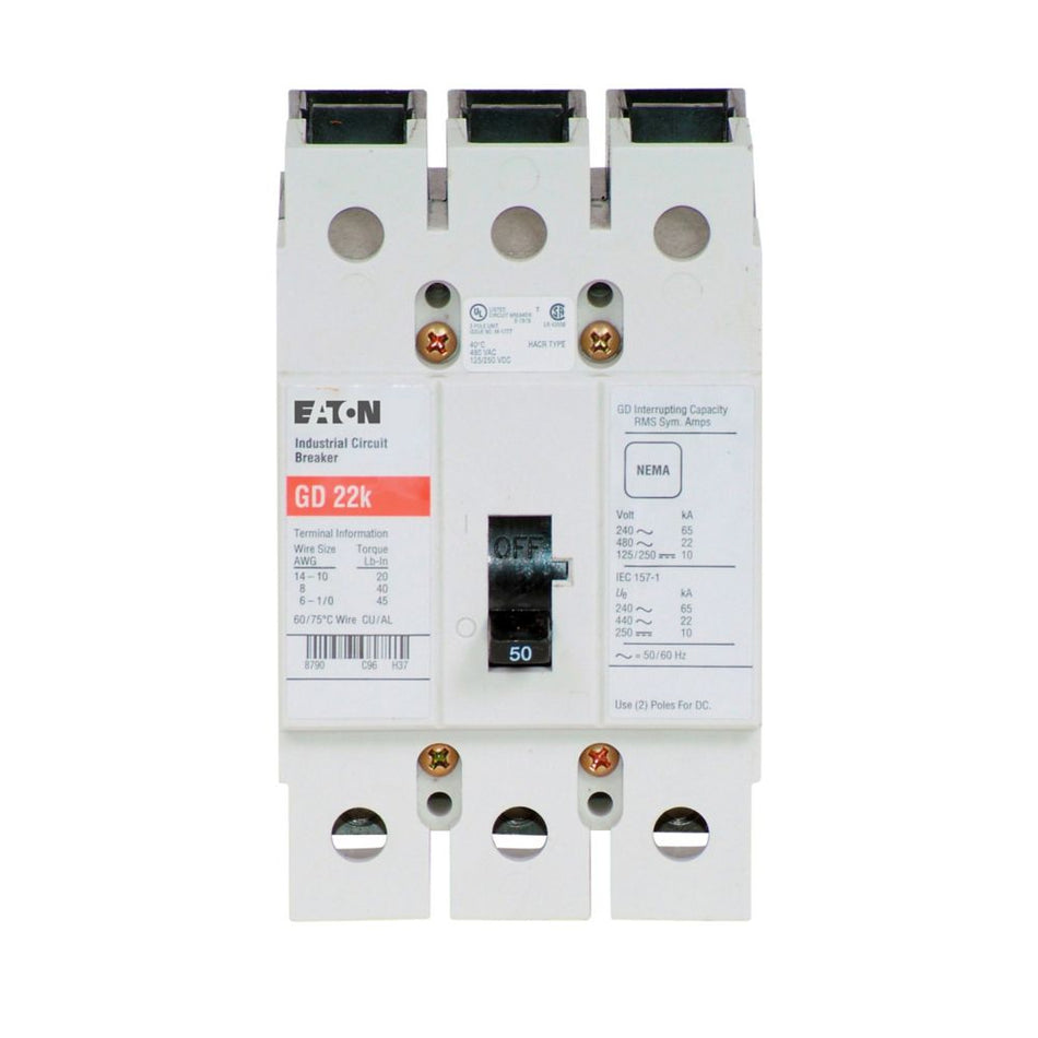 Eaton GD3050 Series C Molded Case Circuit Breaker – 50A, 3-Pole, 480VAC/125-250VDC, 22 kAIC