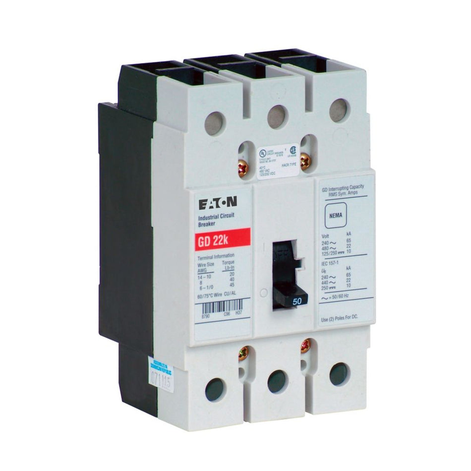 Eaton GD3100 Series C Molded Case Circuit Breaker – 100A, 3-Pole, 480VAC/125-250VDC, 22 kAIC