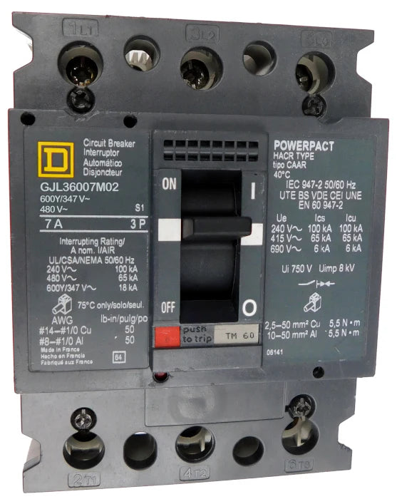 Square D GJL36007M02 7A 3 Pole Molded Case Circuit Breaker – Bolt On – 600V