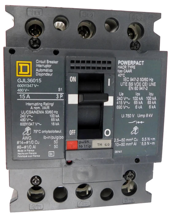 Square D GJL36015 15A 3 Pole Molded Case Circuit Breaker – Bolt On – 600V