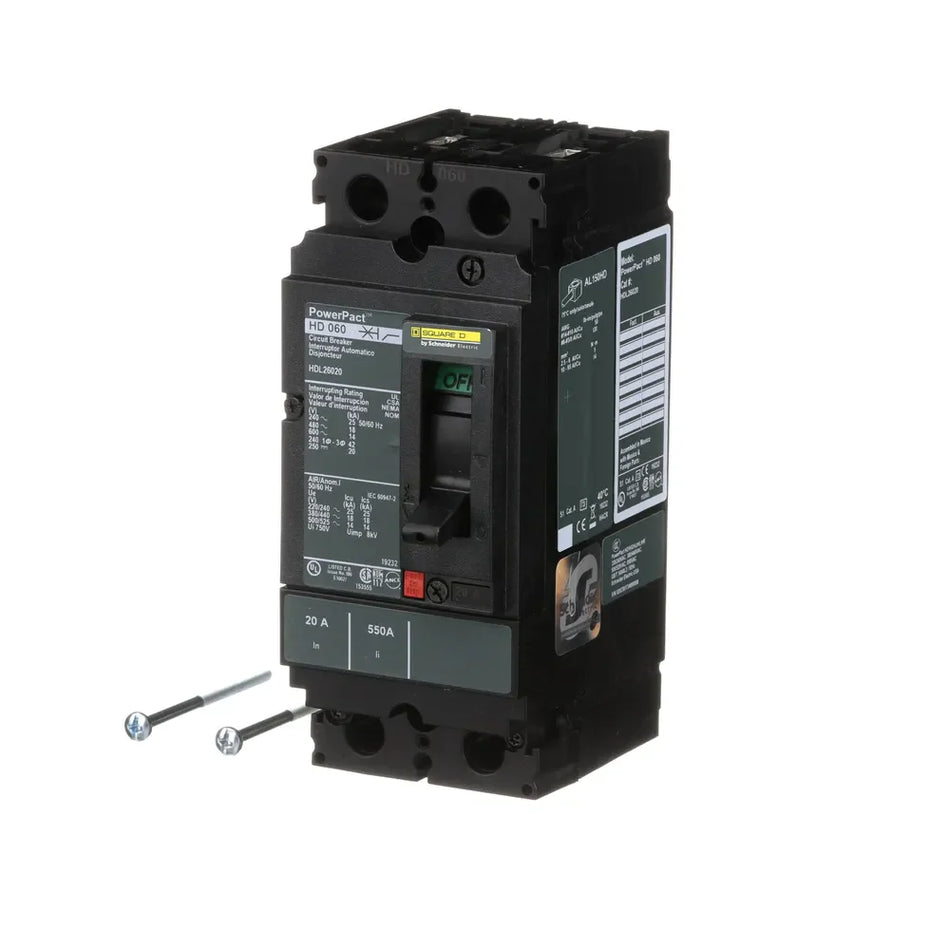 Square D HDL26020 20 Amp 2-Pole Molded Case Circuit Breaker – Feed-Thru – 600V AC