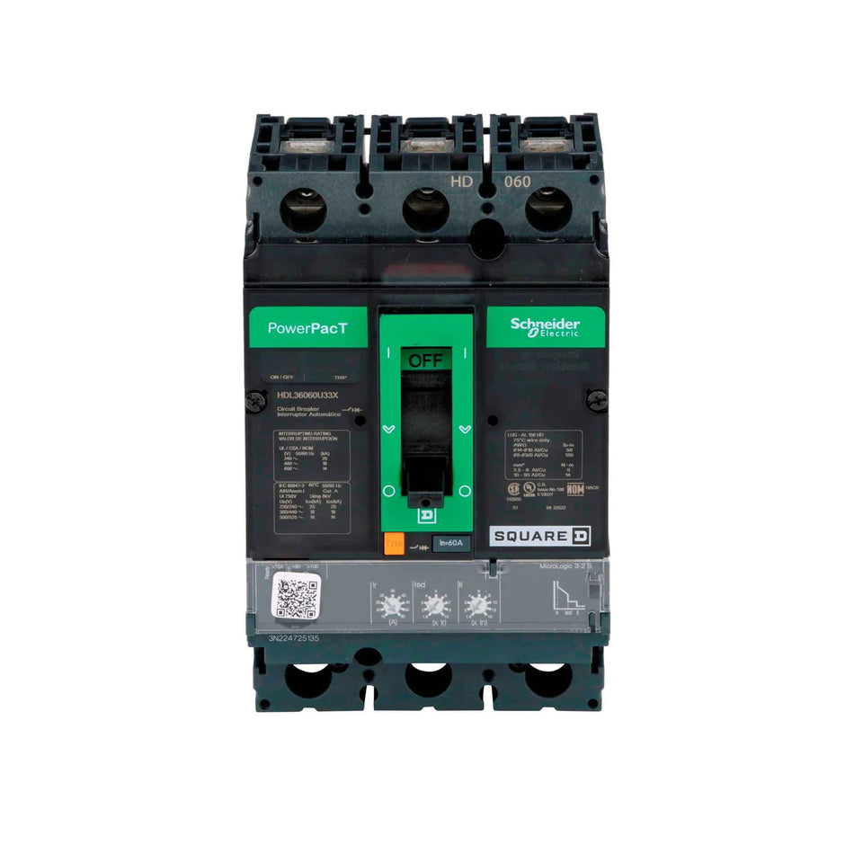 Square D HDL36060U33X 60 Amp 3-Pole Molded Case Circuit Breaker – Feed-Thru – 600V
