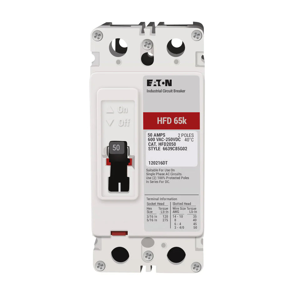 HFD2050 - Cutler Hammer Bolt-On 600V 50A 2 pole circuit breaker 65kA@480V