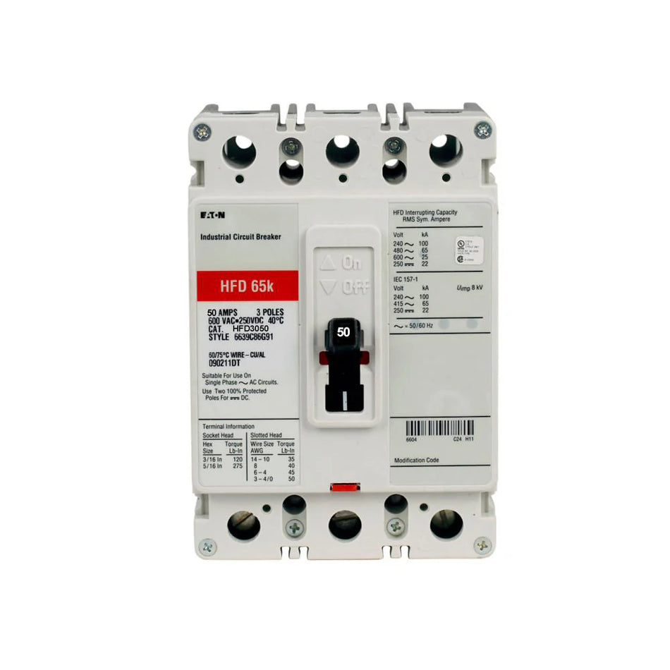 Eaton HFD3050L 50A 3-Pole 600V Series C Molded Case Circuit Breaker Thermal Magnetic 65kA@480V