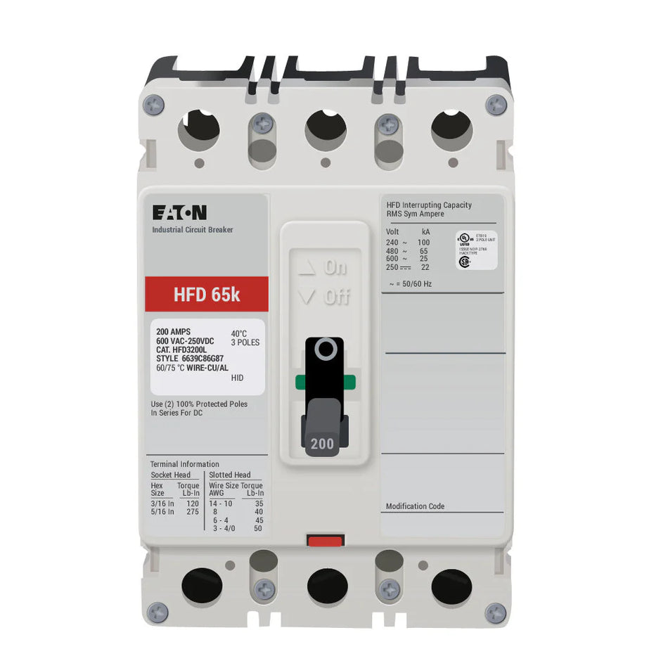 Eaton HFD3200L Molded Case Circuit Breaker – 200A, 3 Pole, 600V, 65kAIC @ 480V