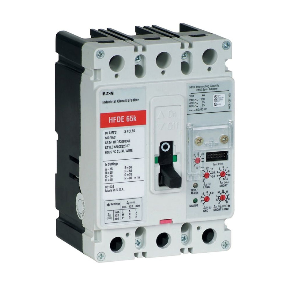 Eaton HFDE308032 Series C Electronic Molded Case Circuit Breaker – 80A, 3-Pole, 600VAC/250VDC, 65 kAIC