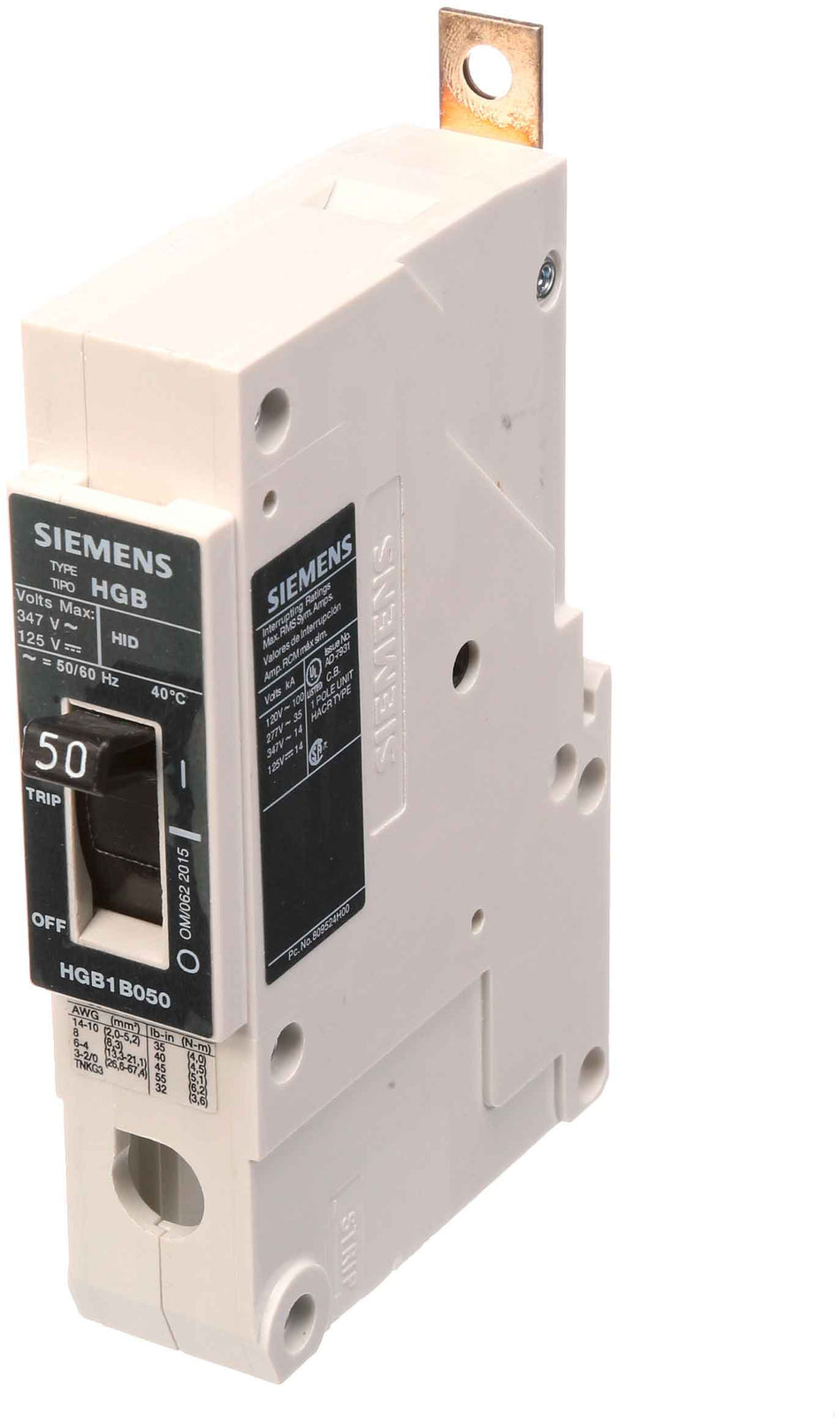 Siemens HGB1B050B Molded Case Circuit Breaker – VL Series – 50A – 1 Pole – 347V – Bolt-On – Thermal Magnetic – High Interrupting Capacity