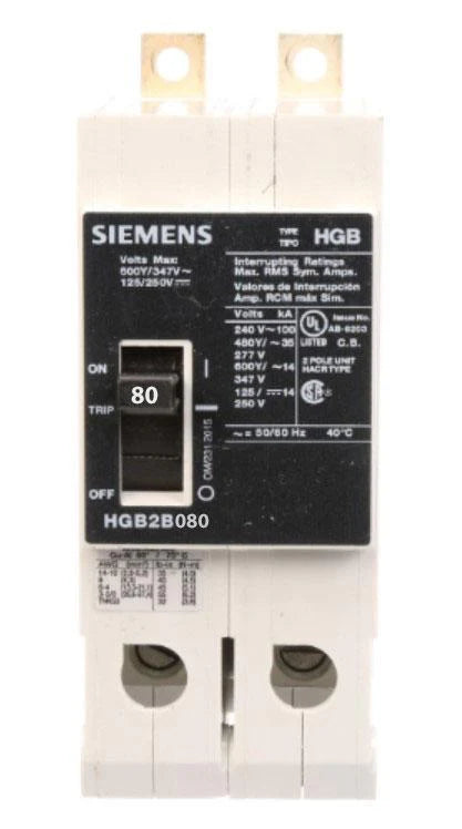 Siemens HGB2B080B Molded Case Circuit Breaker – VL Series – 80A – 2 Pole – 600V – Bolt-On – Thermal Magnetic – High Interrupting Capacity