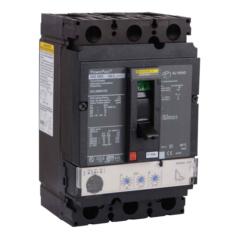 Square D HGL36060U33X 60 Amp 3-Pole Molded Case Circuit Breaker – Feed-Thru – 600V AC