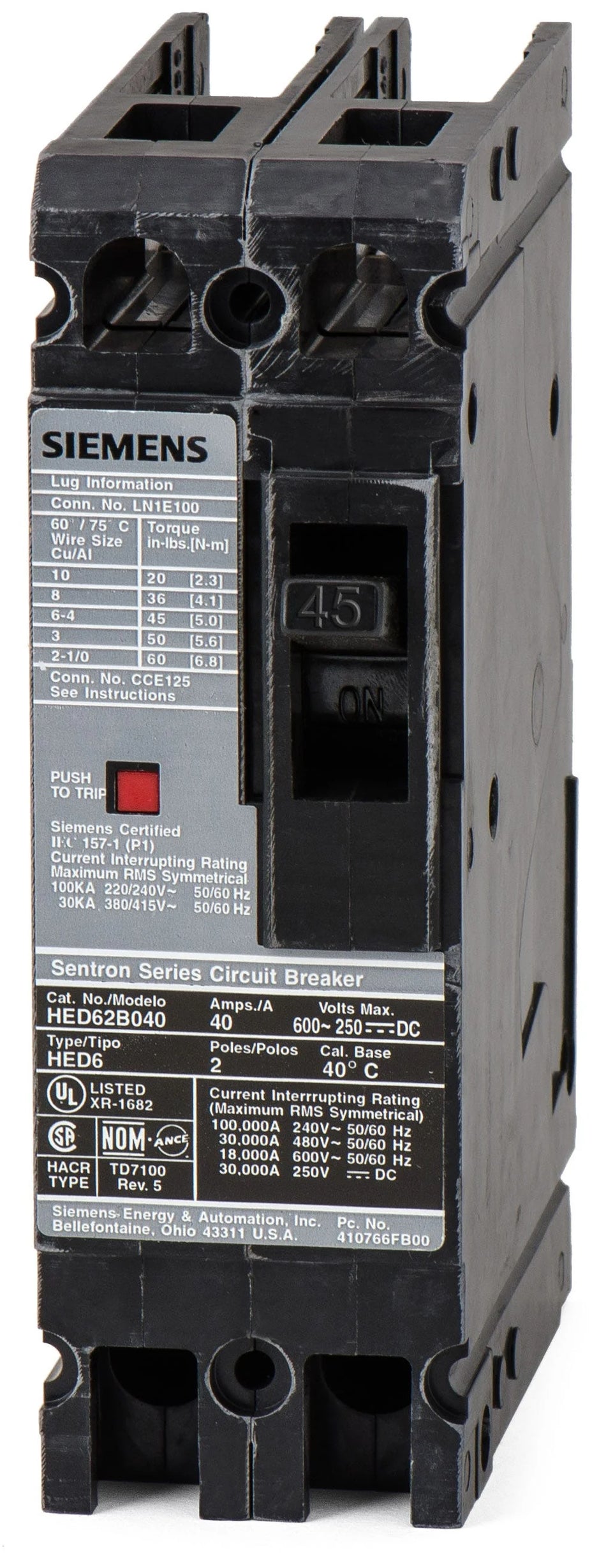 Siemens HHED62B045 Molded Case Circuit Breaker – ED Frame – 45A – 2 Pole – 600VAC – Bolt-On – Thermal Magnetic – High Interrupting Capacity