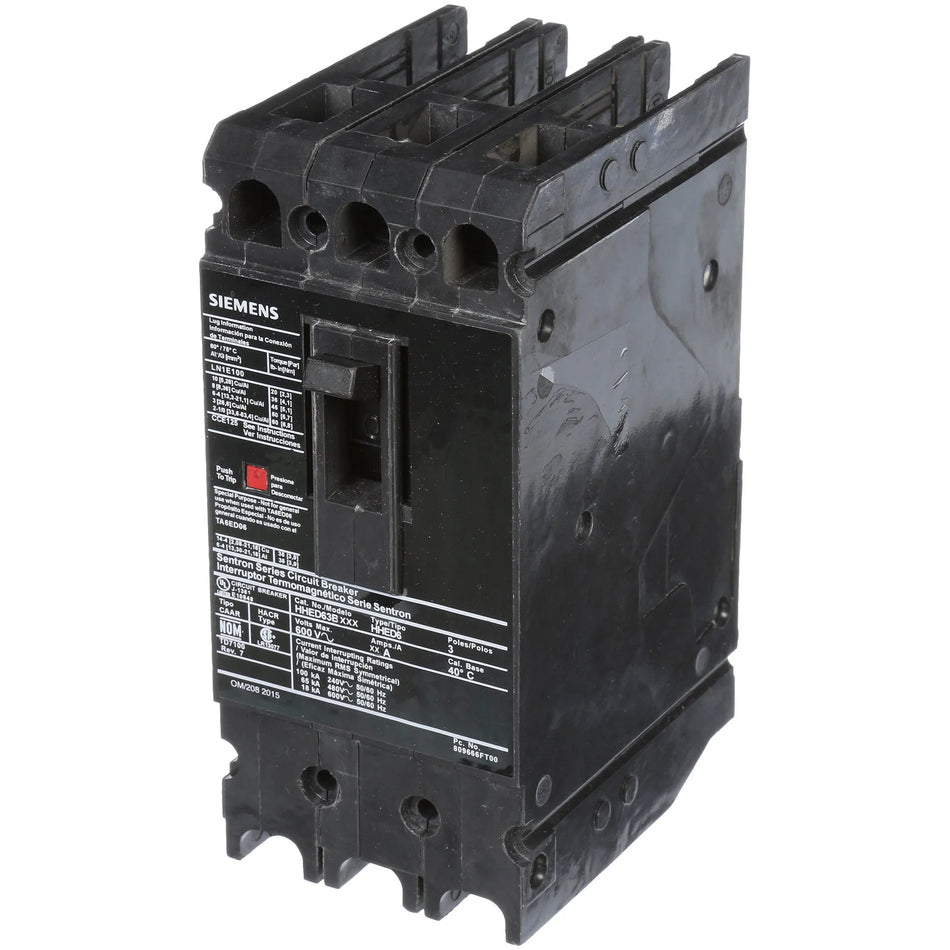 Siemens HHED63B015A Molded Case Circuit Breaker – Sentron Series – 15A – 3 Pole – 600V – Bolt-On – Thermal Magnetic – High Interrupting Capacity
