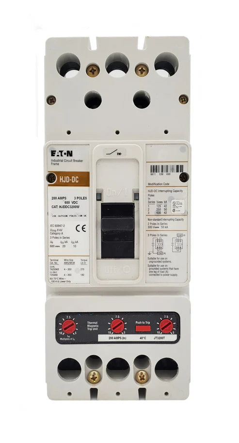 Eaton Cutler Hammer HJDDC3200W 200 Amp 3-Pole Molded Case Circuit Breaker – Bolt-On Mount – 600VDC