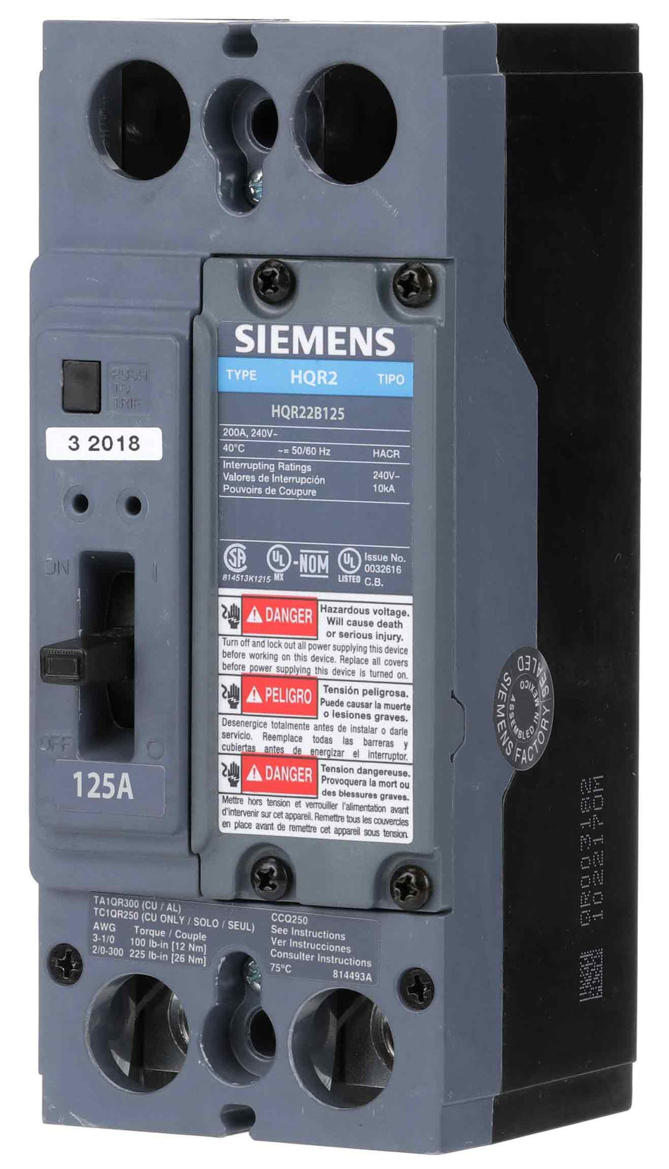 Siemens HQR22B125 Circuit Breaker – QR Series – 125A – 2 Pole – 240VAC – Thermal Magnetic – Bolt-On