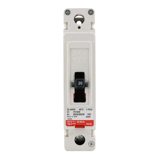 Eaton FD1020 20A 1-Pole F-Frame Molded Case Circuit Breaker – Thermal-Magnetic – 347VAC/125VDC