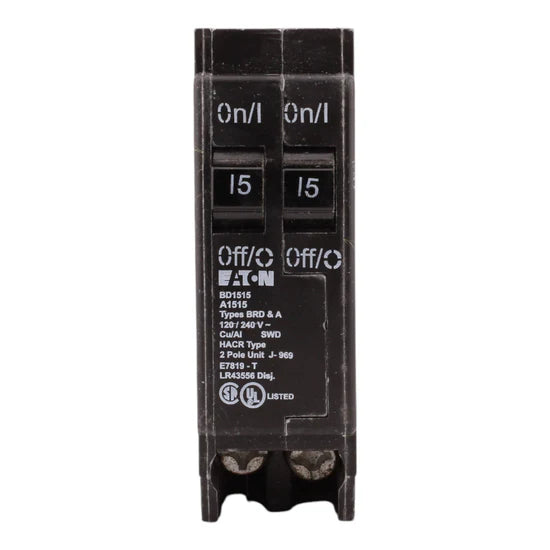 Eaton BD1515 15A/15A Duplex Thermal-Magnetic Circuit Breaker – Plug-On – 120V