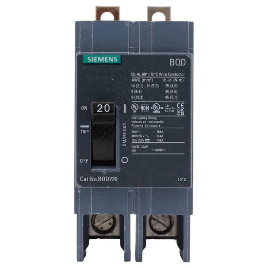 Siemens BQD BQD220 – 20A 2P Thermal Magnetic – Bolt-On – 480V