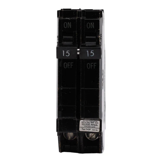 GE THQP215 15A 2-Pole Thermal Magnetic Circuit Breaker – Plug-In – 120/240V