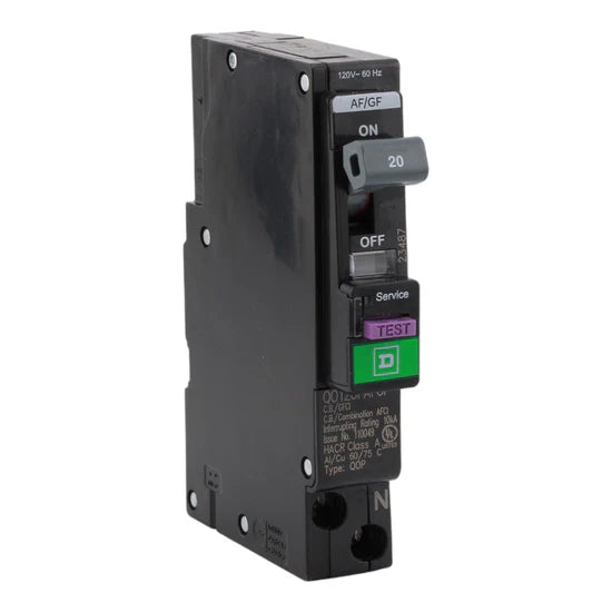 Square D QO120PAFGF 20A 1-Pole Dual-Function AFCI/GFCI Circuit Breaker – Plug-On Neutral