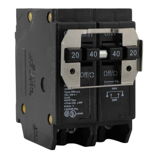 Eaton BQC220240 20A/40A 4-Pole Quadplex Thermal Magnetic Circuit Breaker – Plug-On – 120/240V