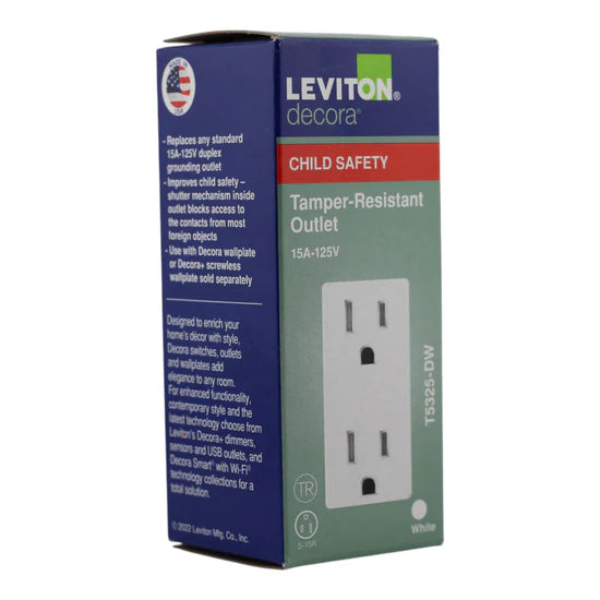 Leviton T5325-DW 15A 125V Tamper-Resistant Duplex Outlet – Decora – 125V