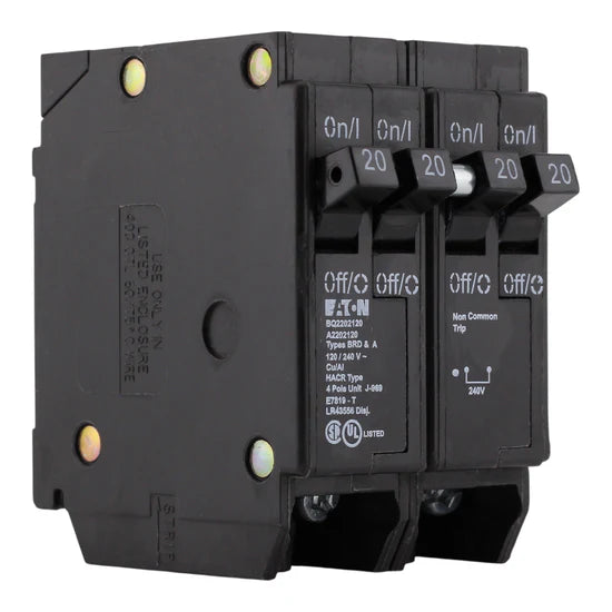 Eaton BQ2202120 20A/20A + 20A 2P 4P Quadplex Thermal-Magnetic Circuit Breaker – Plug-On – 120/240V